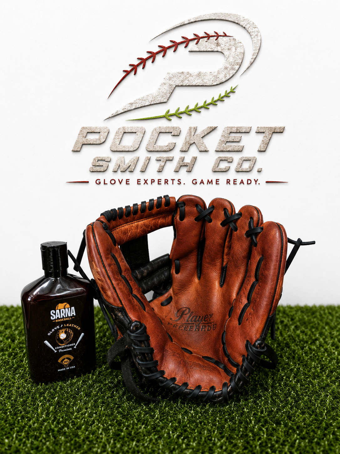 Brown and black baseball glove conditioned by Pocket Smith