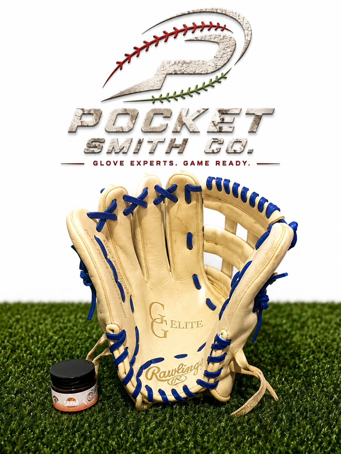 Cream Rawlings glove with blue laces prepared by Pocket Smith