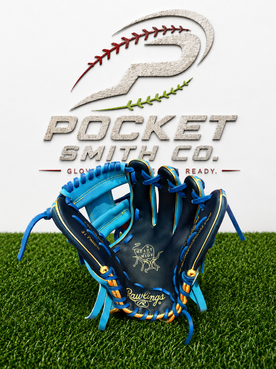 Navy and blue Rawlings glove prepared by Pocket Smith