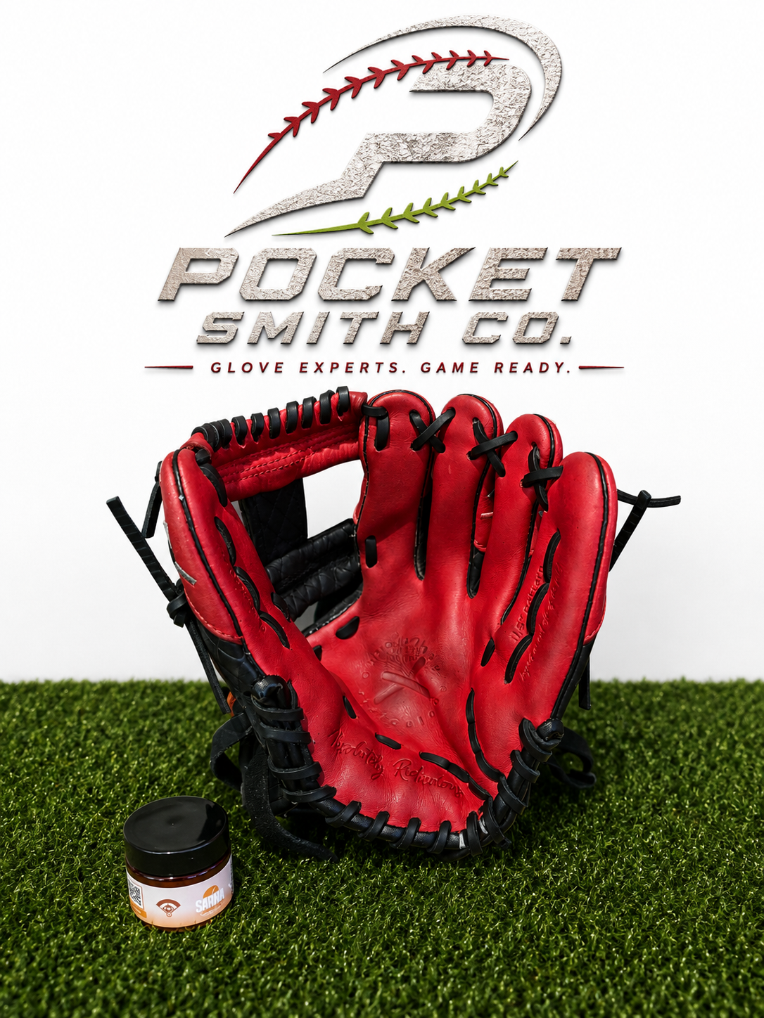 Red and black baseball glove prepared by Pocket Smith
