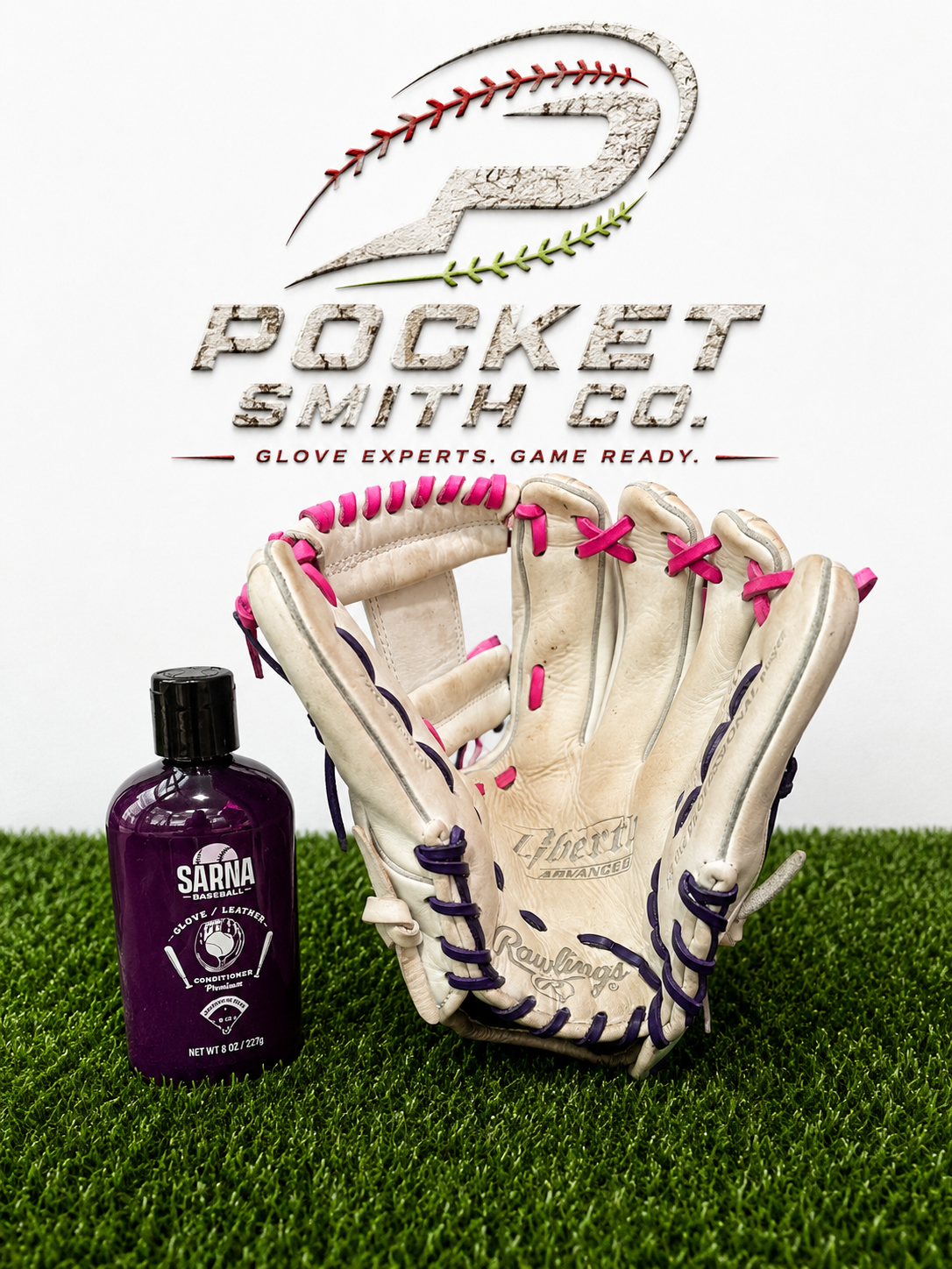 White Rawlings glove with pink and purple laces prepared by Pocket Smith