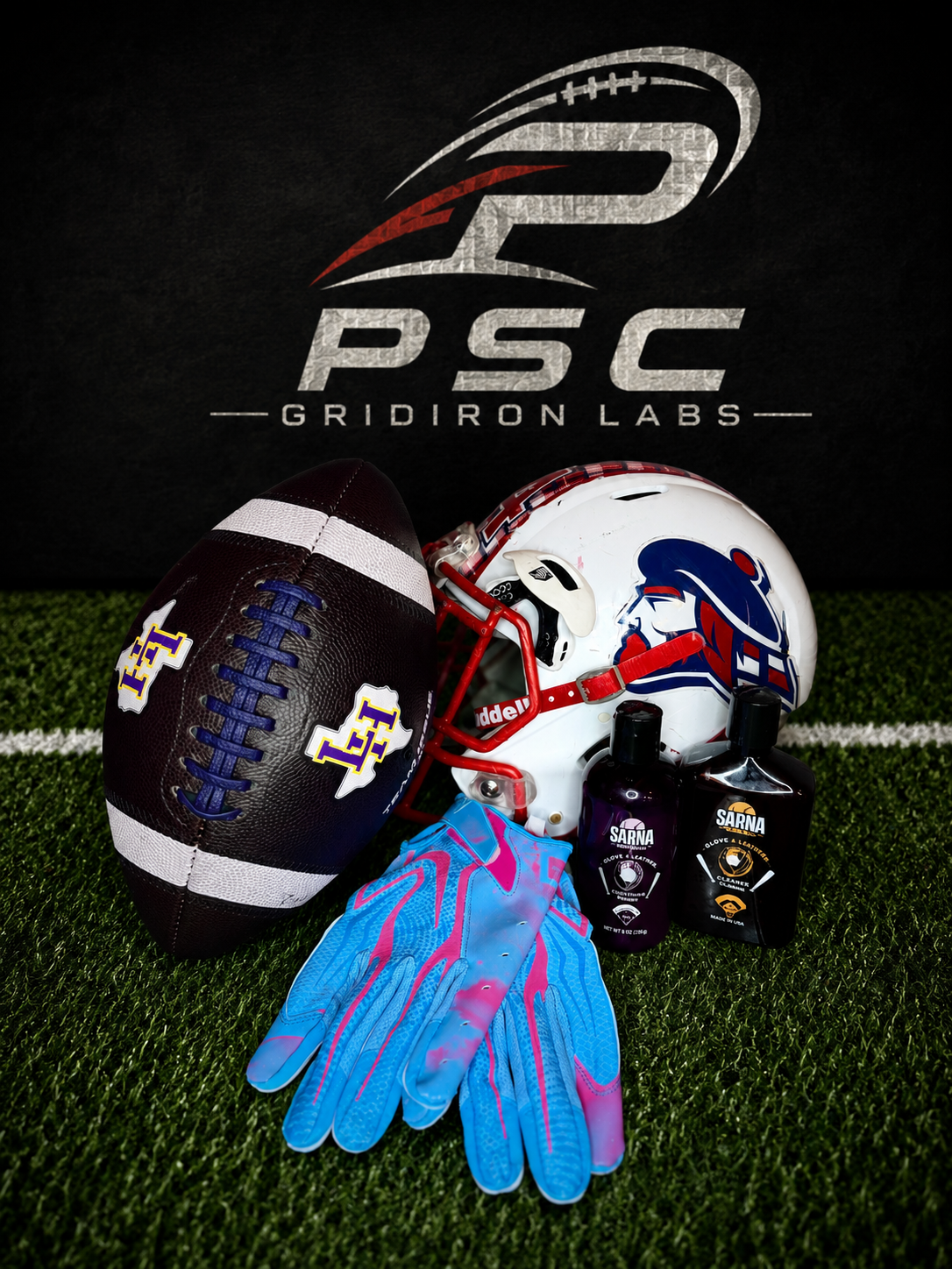 Custom-laced game football prepared by PSC Gridiron Labs
